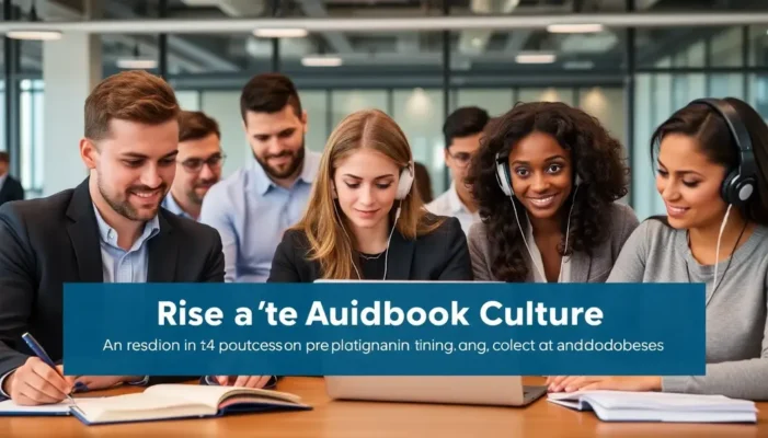 Office setting with diverse professionals using earbuds while working.
