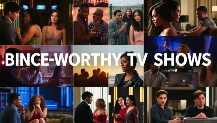 Collage of scenes from top TV shows of 2025 with diverse casts and colorful settings.