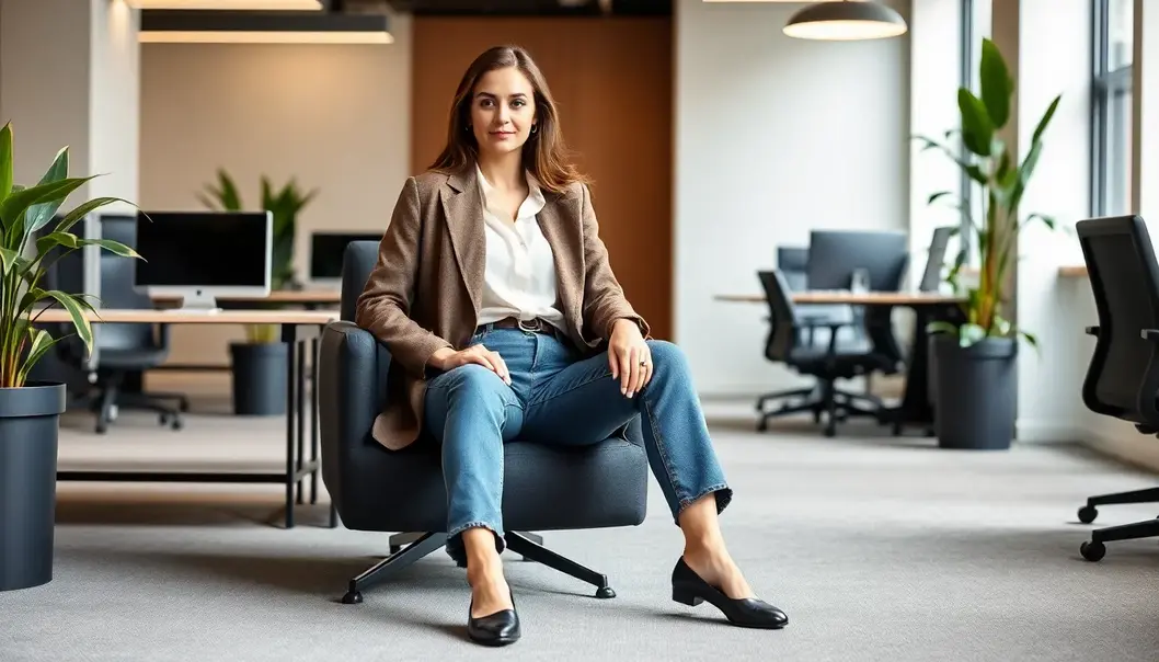 A professional woman showcasing a modern twist on classic office attire.