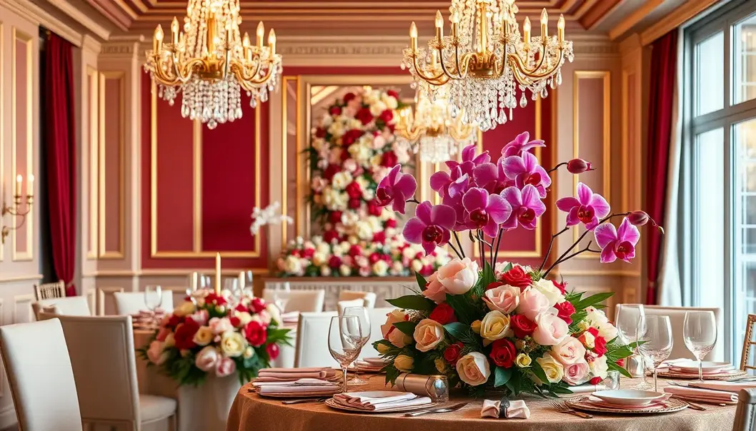 A holiday party setting with an opulent color palette and exquisite floral arrangements.