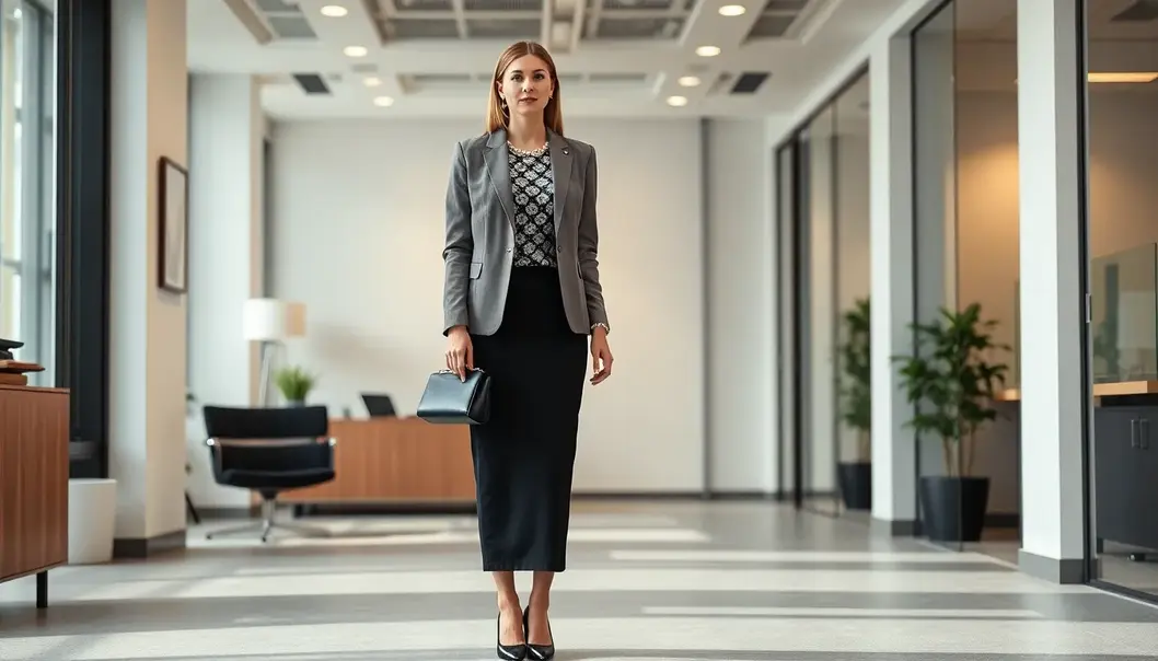 A professional woman showcasing a modern twist on classic office attire.