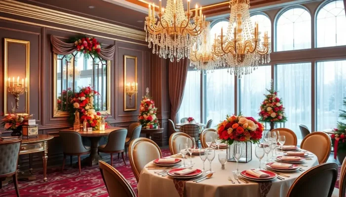 Lavish holiday party room with elegant decorations and warm lighting.