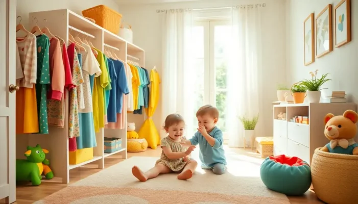 A child playing in a room with colorful, soft clothes.