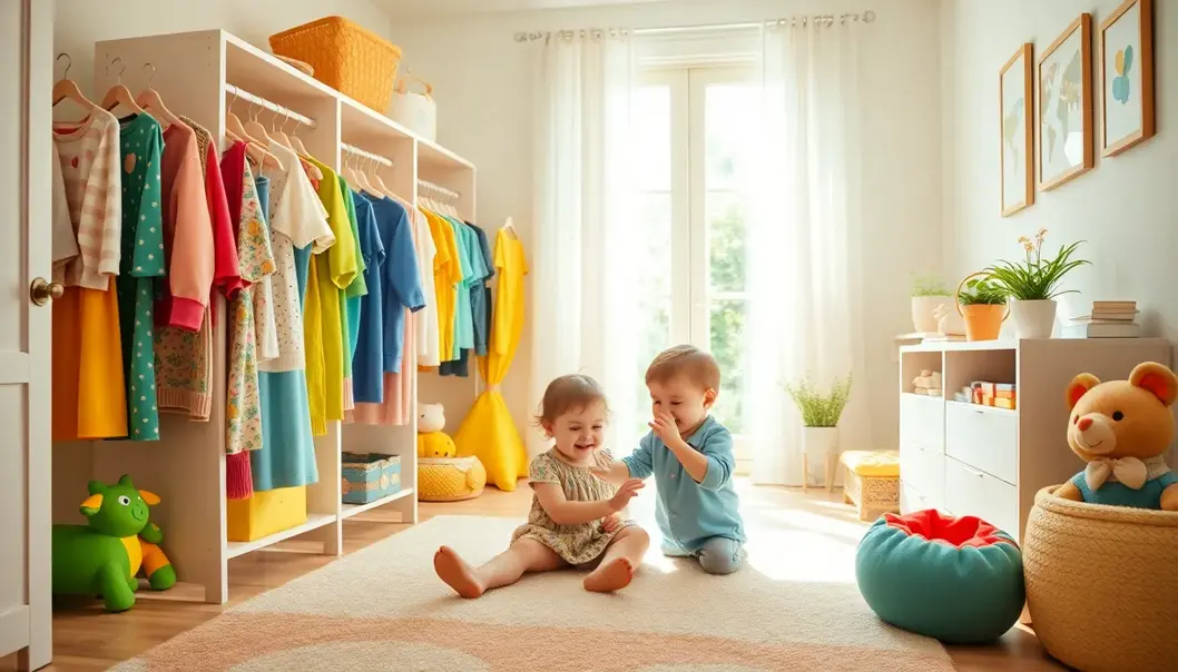 A child playing in a room with colorful, soft clothes.