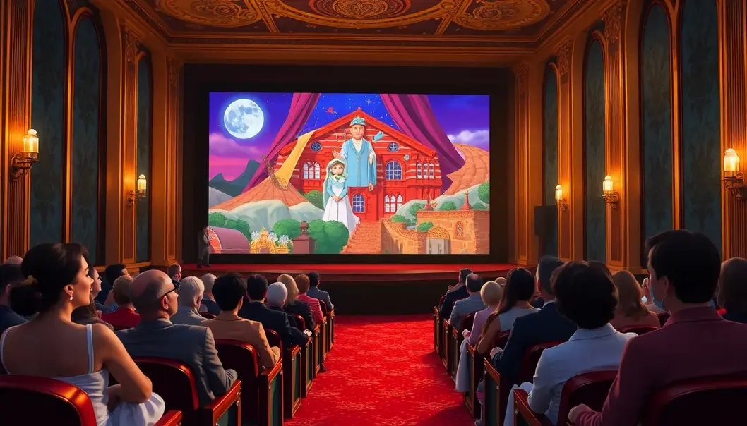 An elegant audience immersed in the artful storytelling of an animated film.