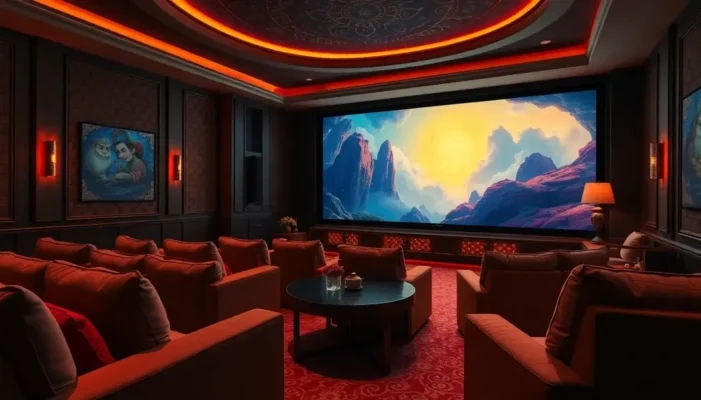 Lavish home theater with a vibrant animated film on the grand screen.
