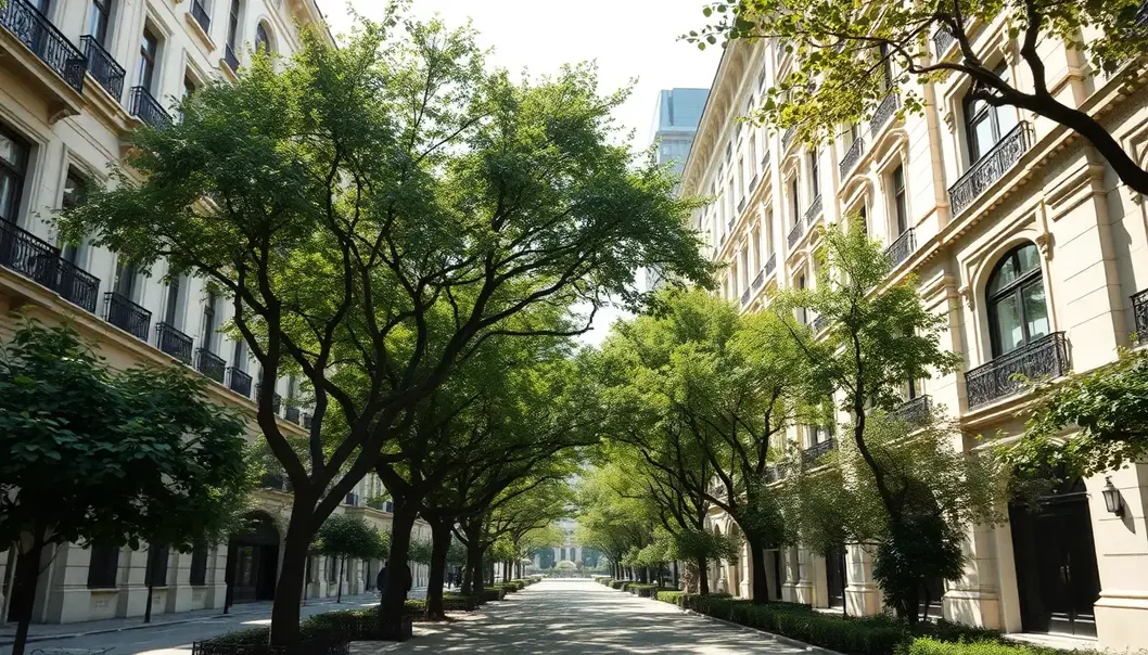 An elegant urban street shaded by mature, leafy trees.