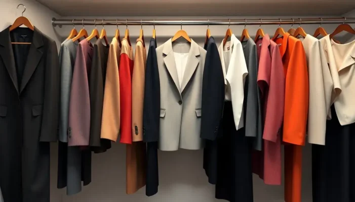 A selection of women's office outfits displayed in a modern closet.