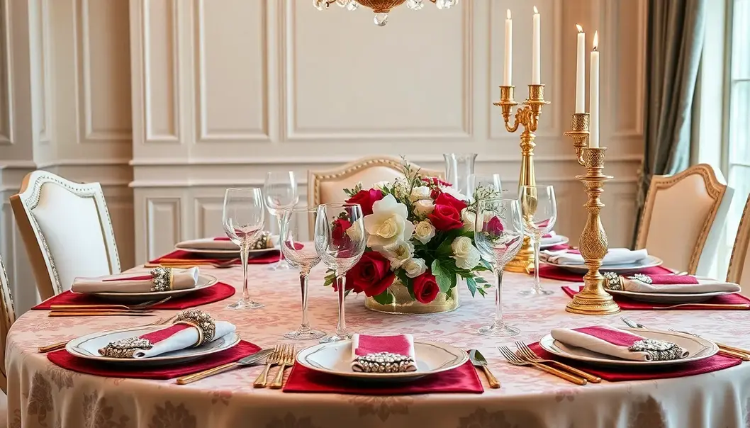 A holiday party setting with an opulent color palette and exquisite floral arrangements.