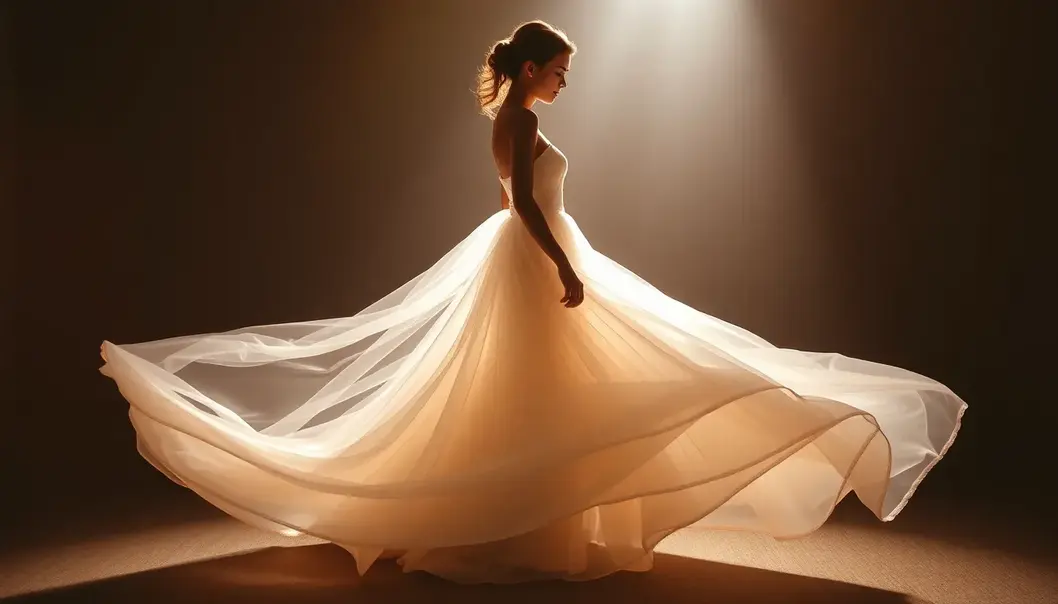 A petite woman exudes elegance in a floor-length dress, embodying romantic charm.