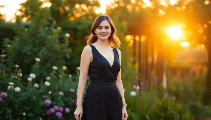 Petite woman in a flattering outfit, standing in a sunlit garden.