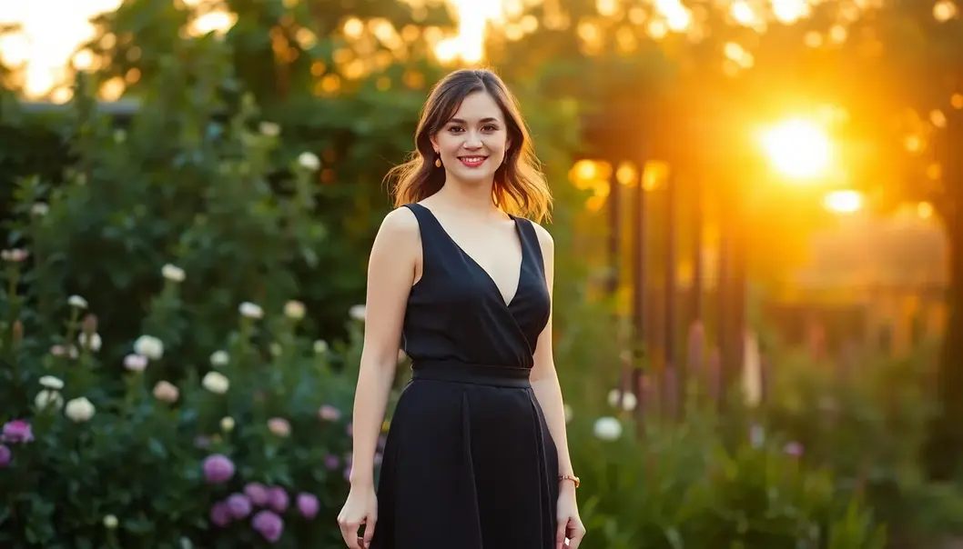 Petite woman in a flattering outfit, standing in a sunlit garden.