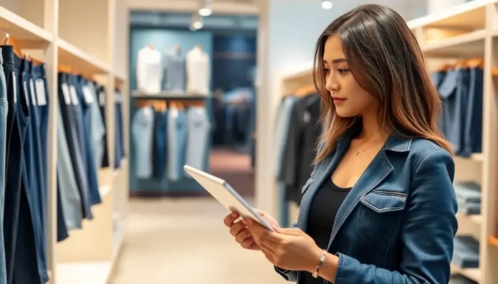 Professional browsing through denim in a calm store setting.