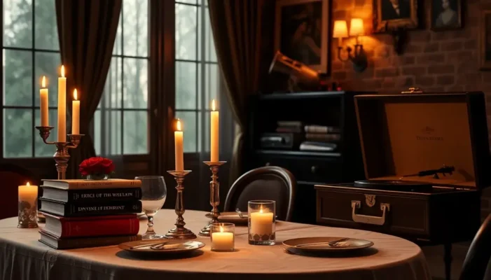 A romantic dinner setting with true crime books and a vintage record player nearby.
